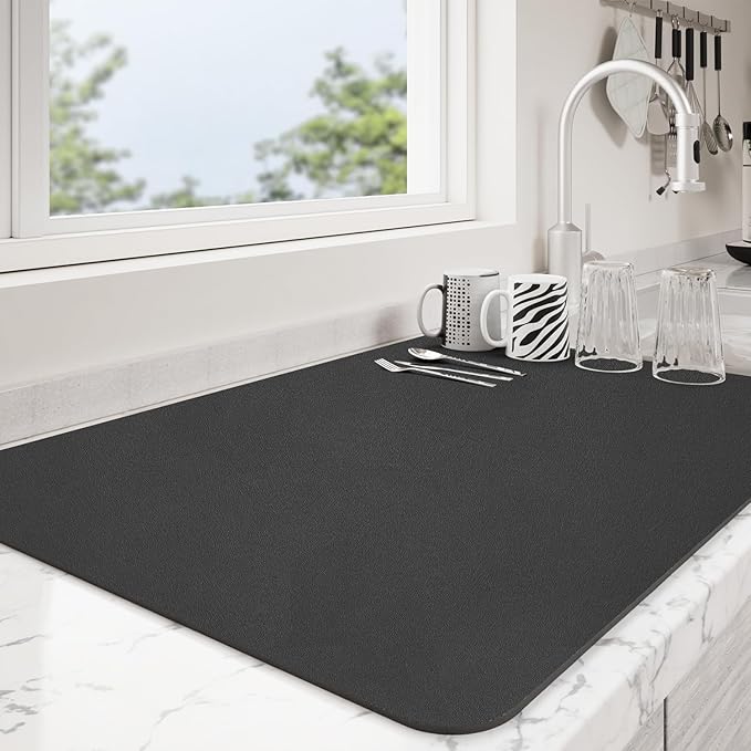Dish Drying Mat for Kitchen Counter | Coffee Bar Mat for Countertops | Heat Resistant Drainer Mat with Non-slip Rubber Backed | Hide Stain Kitchen Absorbent Draining Mat | Black 16"x20"