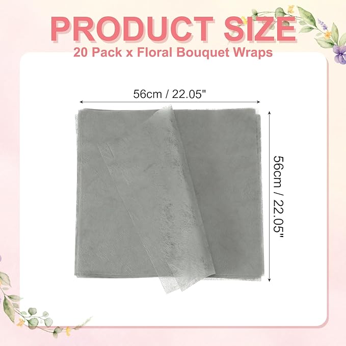 YELARXI Flower Wrapping Paper, Cotton Wrapping Flower Paper, Non-Woven Waterproof Floral Bouquet Wraps - Fitting for (Florist Supplies/Gift) 22 x 22 Inch & 20 Pack & Gray