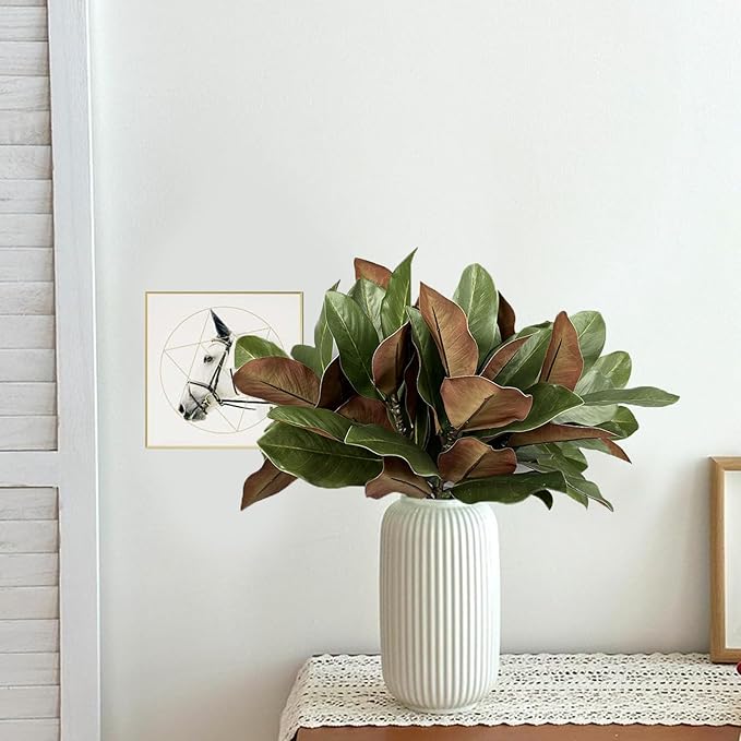 4 Artificial Magnolia Leaf Stems, Real Touch Fake Green Branches for Flower Arrangement, Centerpiece for Indoor and Outdoor Home Dining Tables, Wedding and Party Decorations(Green)