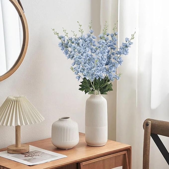 8 pcs Dusty Blue Delphinium Artificial Flowers, 34.25''Artificial Snapdragon Flowers Tall Fake Flowers Silk Flowers Faux Delphinium Bulk for Tall Vase Home Wedding Garden Table Decor (Dusty Blue)