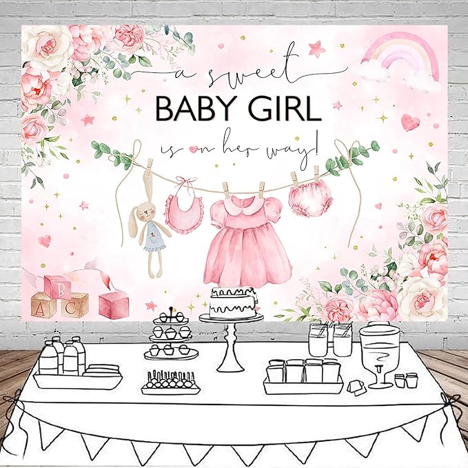 Mocsicka Sweet Baby Girl Baby Shower Backdrop Princess Pink Greenery Party Decoration for a Girl's Arrival, Photo Booth Banner (Pink, 10x7ft)
