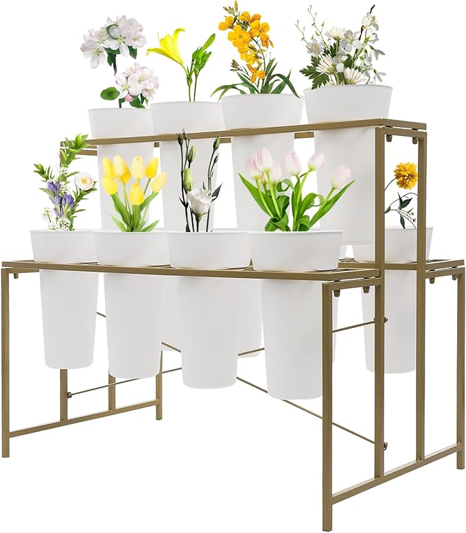 Flower Display Stand with 12 Pcs Buckets 3 Layers Metal Plant Stand Plant Cart Shelf Flower Bucket Rack Stand for Indoor Florist Garden Patio (Gold Stand-White Round Buckets)
