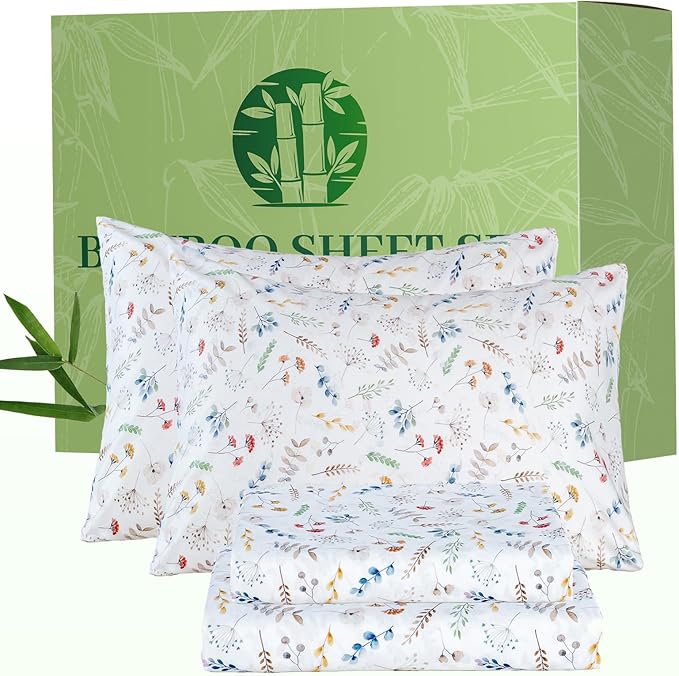 Bedlifes Twin Floral 3-Piece Sheet Set - Cooling Sheets Blend Rayon Derived from Bamboo,Soft & Breathable, Deep Pocket 16", Wrinkle Resistant - Vibrant Boho Floral Design
