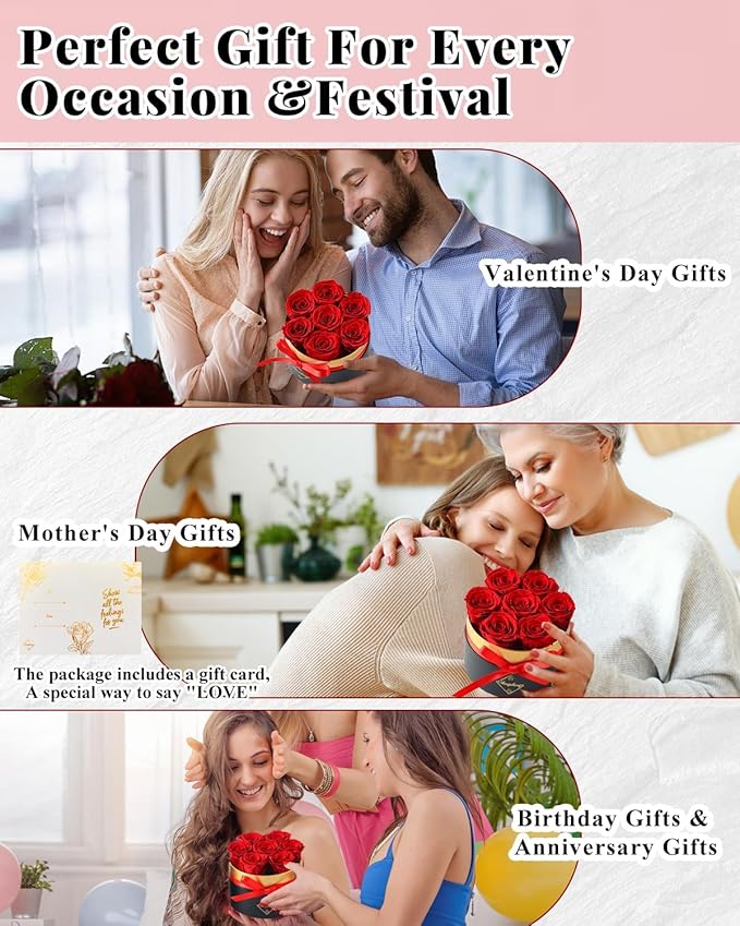 Forever Flowers Preserved Roses in a Box - 7 Preserved Flowers in a Box Last 2-3 Years, Rose Forever Birthday Flower Gifts for Women Her Wife Anniversary Mothers Rose Gift for Her