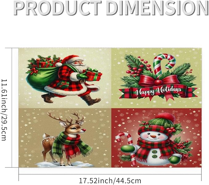 Christmas Waffle Santa Claus Cute Placemats Set of 4 PVC Vinyl Non Slip Table Mats Heat Resistant Place Mats Washable Wipeable Dining Table Mat for Kitchen Decor Party Indoor Outdoor Decorative Gift