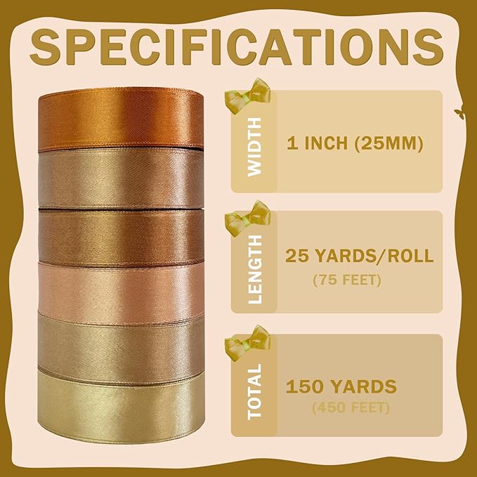 150 Yards Brown Satin Ribbon 1 Inch 6 Rolls Assortment Ribbons for Crafts Gift Wrapping Flower Bouquet Wedding Invitations Birthday Party Festival Decoration Hair Bows