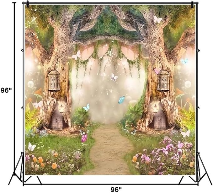 Leowefowa 8x8ft Vinyl Birthday Backdrop Fairy Tale Forest Enchanted Flower Baby Shower Photo Background for Birthday Party Photoshoot Newborn Baby Kids Children Studio Props Photography Backdrops
