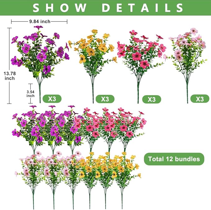 12 Bundles Artificial Flowers for Outdoor,No Fade UV Resistant Fake Flowers,Faux Plants for Outside Hanging Planters,Artificial Plants for Indoor Porch Garden Home Wedding Decor(4 Color)
