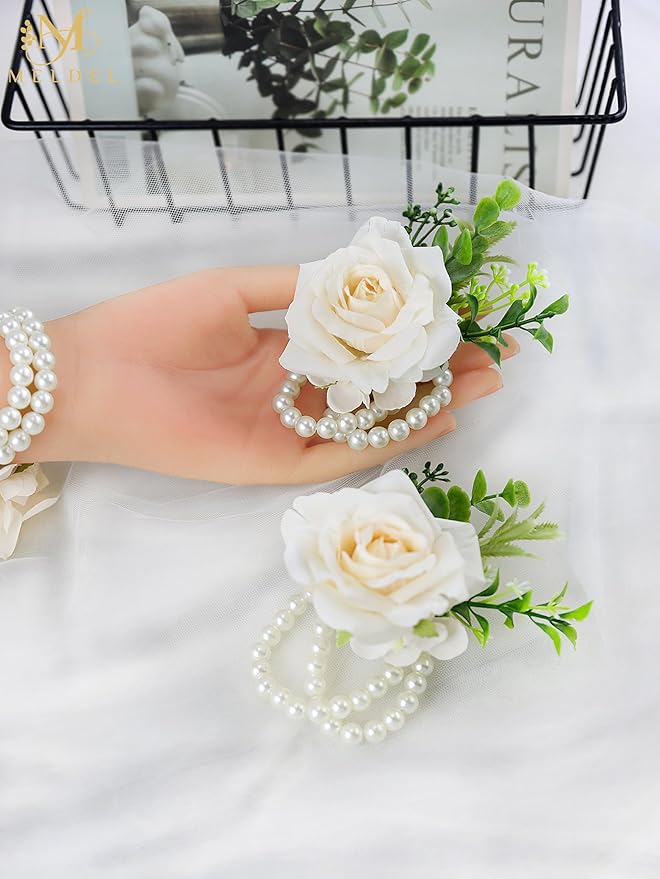 Meldel Wrist Corsage for Wedding(Set of 6),Artificial Champagne Rose Eucalyptus Pearls Wristband Corsages for Bride Bridesmaids Wedding, Women Mother Wrist Flower for Prom Party Anniversary Decor