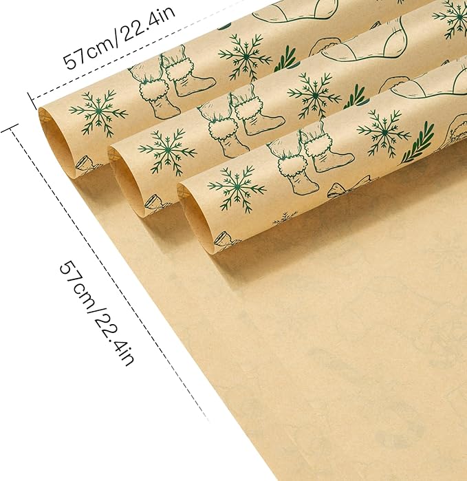 LeZakaa 20 Sheets Kraft Christmas Flower Wrapping Paper, Green Santa Sketch on Kraft Floral Bouquet Paper Gift Wrap for Christmas, Winter Holiday Party Packaging