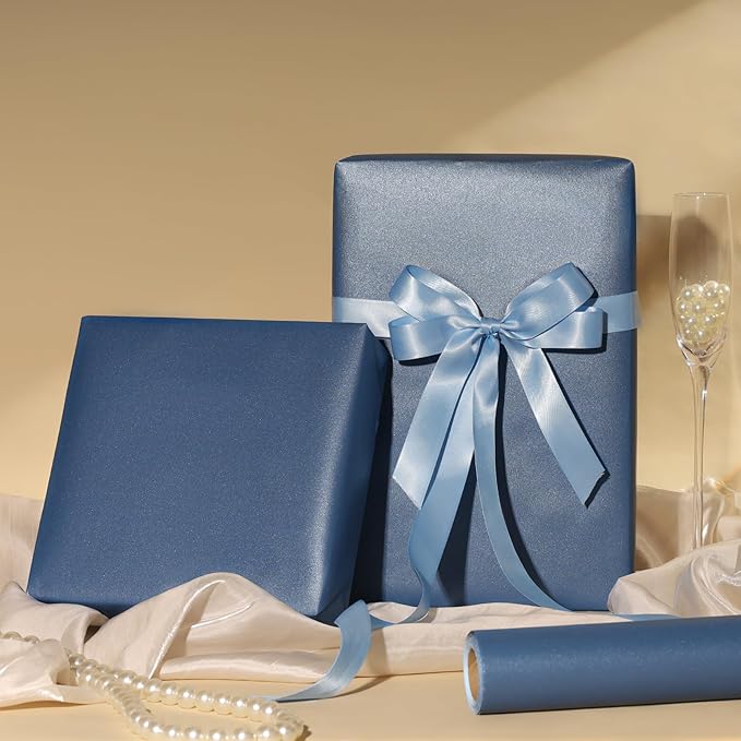 LaRibbons Blue Wrapping Paper, Mini Roll-17 Inch x 33 Feet, Solid Color Pearly-Lustre Christmas Gift Wrap Paper Rolls, Perfect for Holiday, Wedding, Valentine's Day, Birthday