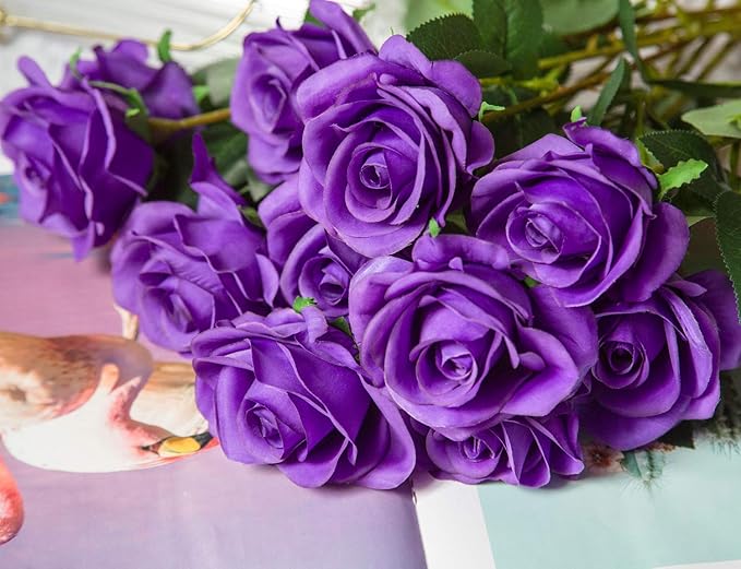 DuHouse 10pcs Fake Roses Artificial Silk Flowers Faux Rose Flower Long Stems Bouquet for Arrangement Wedding Centerpiece Party Home Kitchen Decor(Purple)