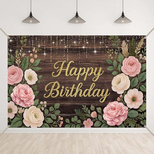 Wooden Floral Birthday Backdrop Pink and Gold Rustic Wood Birthday Party Background Girls Women Cake Table Favors Flowers Bday Cake Smash Photo Booth Banner with Copper Grommet