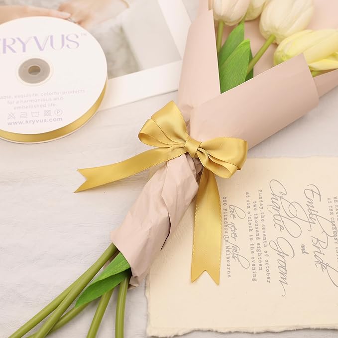 Light Gold Satin Ribbon, Double Faced 7/8 Inch X 50 Yards Light Gold Ribbon, Premium Satin Ribbon for Gift Wrapping, Crafts, Hair Bow Making, Sewing, Flower Bouquet, Wedding Party Decor