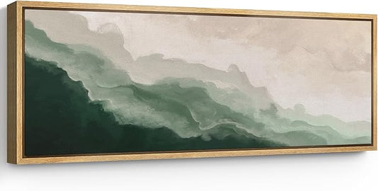 SIGNFORD Large Framed Canvas Print Wall Art Abstract Green Wave Nature-Inspired Illustrations Modern Art Relax/Calm Warm for Living Room, Bedroom, Office - 60"x20"