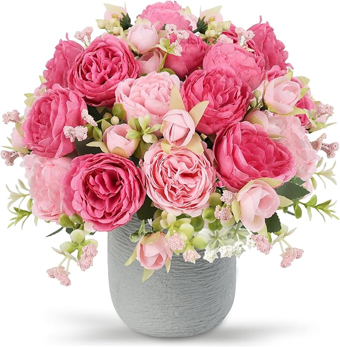 Artificial Peonies Silk Flowers, Pink Faux Peony Bouquet 2 Bundles Florals Arrangements Decor for Farmhouse Home Boho Wedding Table Centerpiece, Fake Plastic Flower Bulk for Vase Decoration (Mix Pink)