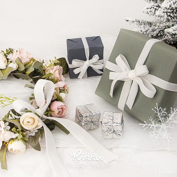 Ribbli Polyester Off White Velvet Ribbon,5/8 Inches Continuous10-Yard Spool,Christmas Ribbon for Gift Wrapping,Floral Bouquets, Home Decor