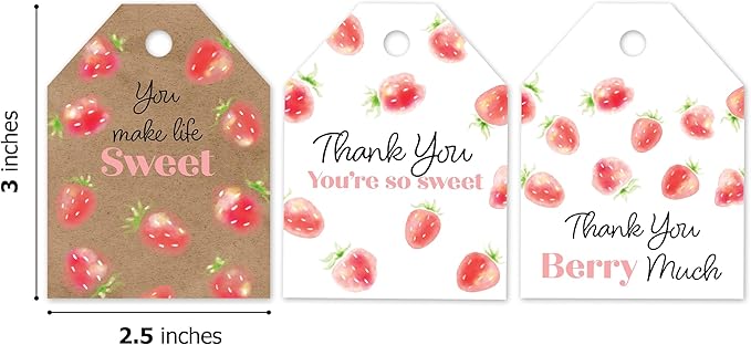 Pro Supply Global 24 Count of 2.5 Inch x 3 Inch Pre Strung Strawberries Gift Tag Assorted Printed Designs on Large Cardstock Gift Hang Tags - Ideal to Use on Bags
