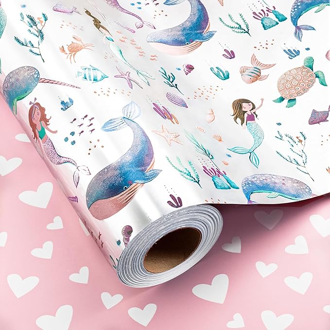 Homeral Reversible Mermaid Wrapping Paper Roll - Metallic Foil Whale, Turtle, Shell, Ocean-Themed with Pink Heart for Girl Birthday, Baby Shower - Mini Roll - 17 Inch x 33 Feet