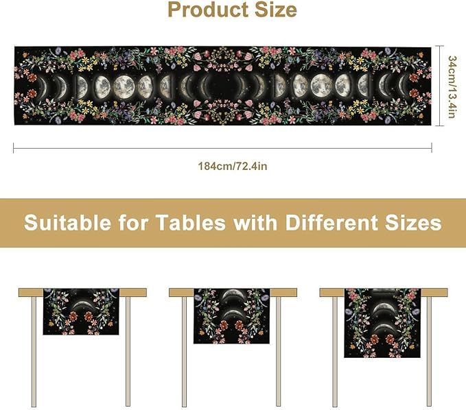 Boho Floral Table Runner, Spring Gothic Moon Phase Wildflower Mystical Witchy Farmhouse Coffee Table Center Decor for Home Kitchen Dining Patio Holiday Party Table Decorations 13x36 inches