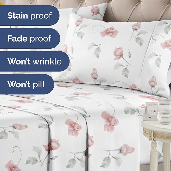 Floral Sheets - Floral Rose Bed Sheet Set - 1 Flat, 1 Fitted & 2 Pillowcases w/ Deep Pockets - Comfy, Wrinkle & Fade Free - Boho Botanical Bedding - Ultra-Soft, Breathable & Cooling - Full Size Set