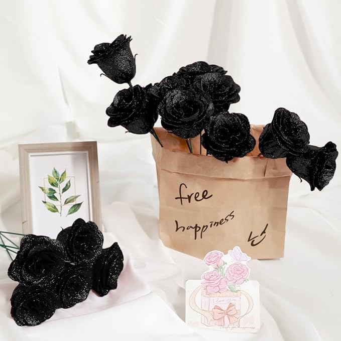 Glitter Roses Bouquet, Shiny Artificial Roses Flowers with Stems DIY Fake Glitter Flowers Bouquet for Valentine's Day, Mother's Day, Anniversary, Graduation, Birthday, Wedding, 50 Roses (Black)