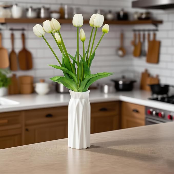 10 Pack Real Touch Tulips Artificial Flowers, 15.7 Inch Bendable Latex Tulips - No Maintenance Faux Flowers for Vase, Home Decor, Wedding Centerpiece (White)