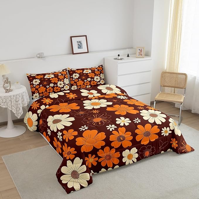 Castle Fairy 70s Groovy Flowers Comforter Set Twin Size,Hippie Retro Farmhouse Plant Quilt Set for Kids Boys Bedroom Collection,Brown White Yellow Floral Polyester Bedding with 1 Pillowcase,2Pcs