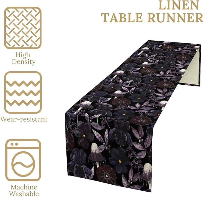 Gothic Floral Table Runner, Watercolor Black Purple Flowers Victorian Luxury Vintage Leaves Plant Table Runner for Home Kitchen Dining Decor Indoor Outdoor Party, 13x60inch