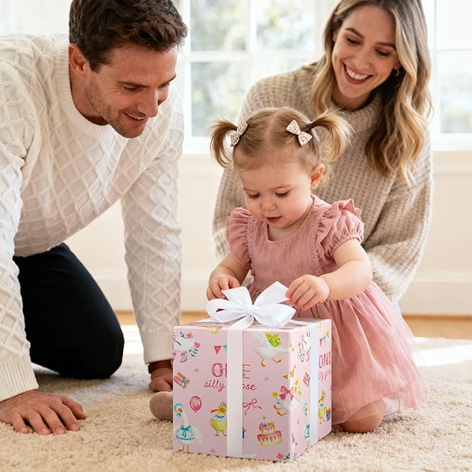 WERNNSAI Silly Goose Wrapping Paper - 1 Roll 17”x 33 ft 1st Birthday Wrapping Paper Pink Birthday Gift Wrap Baby Girls One Year Present Packing Wrap Baby Shower Reversible Design
