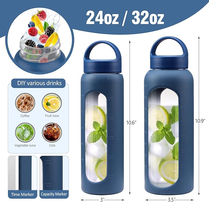 24 oz Glass Water Bottle, Glass Tumbler with Straw, Reusable Drinking Bottles with 2 Lids-Handle Lid&Bamboo Straw Lid, Silicone Sleeve, for Sports, Home,1 Pack-Blue