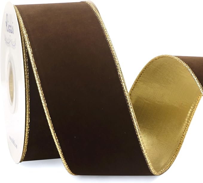 Ribbli Brown Velvet Wired Ribbon 2.5 Inch Luxury Matte Velvet Christmas Ribbon for Gift Wrapping Christmas Tree Decoration Crafts Wreaths Supplies - 10 Yards