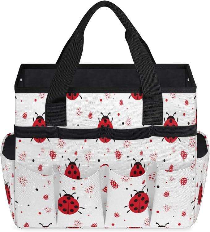 Garden Tool Tote Bag for Women Men Ladybugs Gardening Tool Storage Bags with 10 Pockets Standable Garden Home Tool Kits Organizer for Indoor Outdoor Gardening Gifts