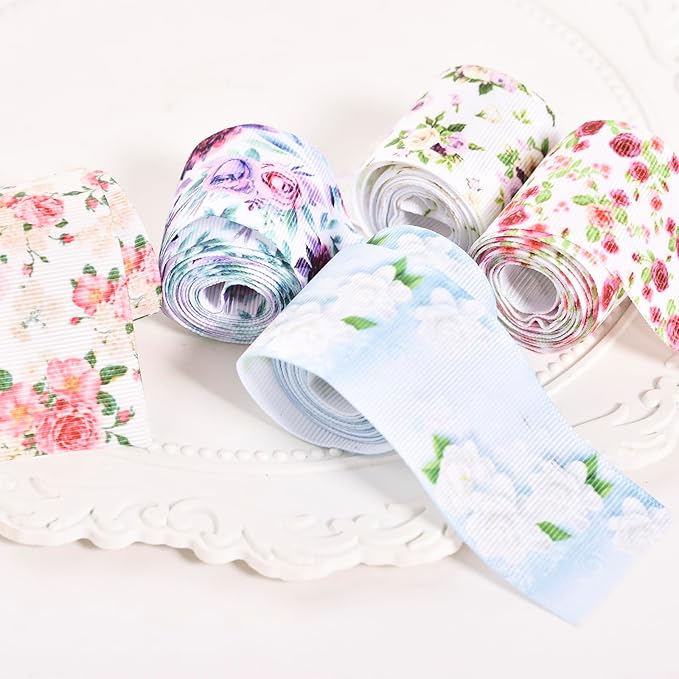 Floral Grosgrain Ribbon, 5 Rolls Flower Pattern Ribbon Spring Summer Fabric Decorative Craft Ribbon Roll for Gift Wrapping Decor Hair Bow Sewing Wreath Crafts (Mixed Color, 3/8 inch X 20Yards)