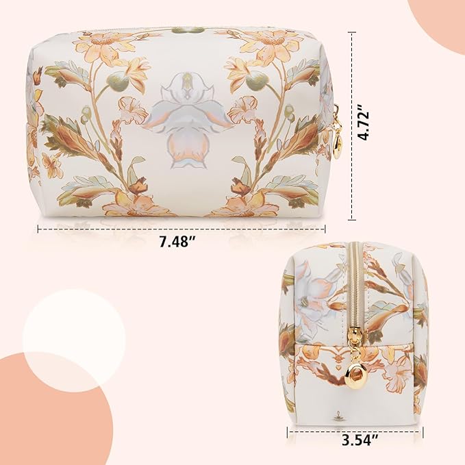 Floral Waterproof Makeup Bag, Leather Cosmetic Bag with Compartments, Zipper Make up Pouch Organizer, Portable Storage Travel Toiletry Bag Gifts for Women Girls(Pink Flower)