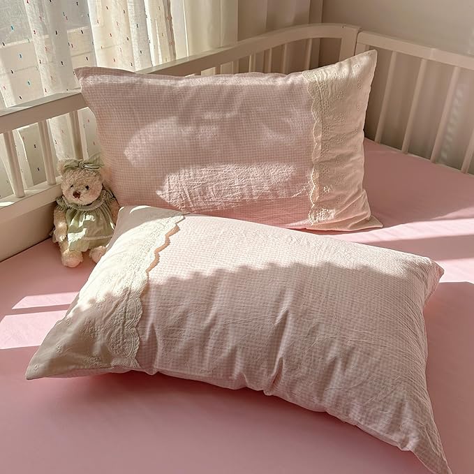 VM VOUGEMARKET Pink Gingham Comforter Set Queen 3 Pieces Lace Bedding Set Simple Cozy Plaid Checkered Comforter Quilt with 2 Lace Pillowcases for Girls Women