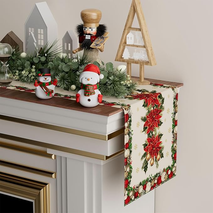 XCHI Christmas Poinsettias Leaves Bells Snowflakes Winter Xmas Table Runner Table Decoration for Home Kitchen Dining Holiday Decor 13x108 Inch