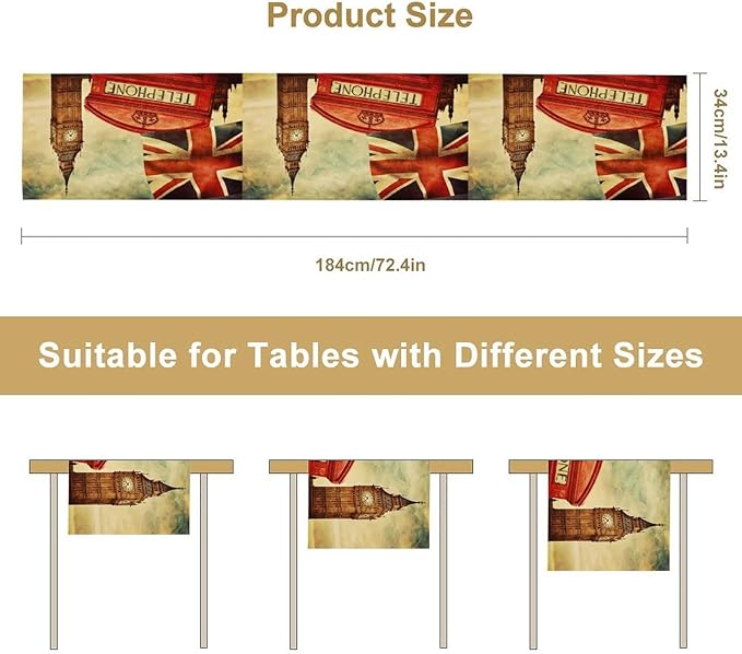 British Table Runner, Seasonal Vintage Buildings England London Culture Element Coffee Table Center Decor for Home Kitchen Dining Patio Holiday Party Table Decorations 13x36 inches