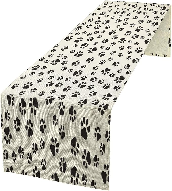Dog Paws Table Runner,Cartoon Cute Black White Animal Footprints Abstract Tablecloth Burlap for Hotel Indoors Outdoor Dining Room Kitchen Home Decor,W13X L108 in