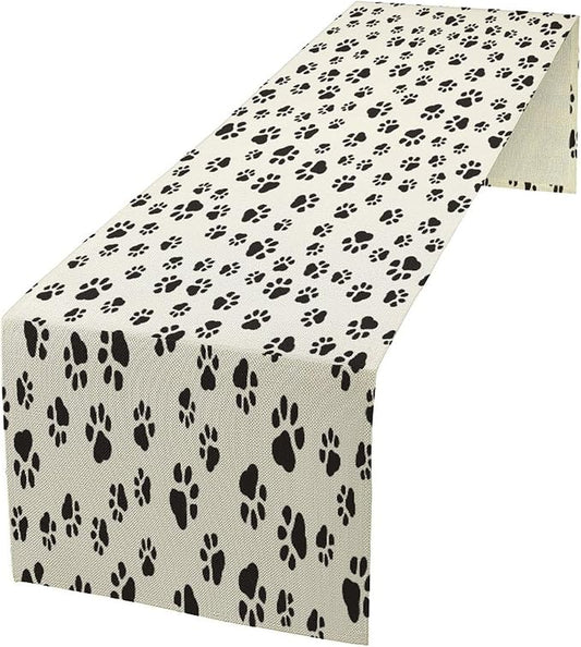 Dog Paws Table Runner,Cartoon Cute Black White Animal Footprints Abstract Tablecloth Burlap for Hotel Indoors Outdoor Dining Room Kitchen Home Decor,W13X L108 in