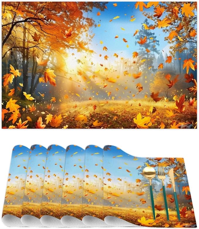 Forest Tree Fall Leaf Placemats Set of 6 PVC Vinyl Non Slip Table Mats Heat Resistant Place Mats Washable Wipeable Dining Table Mat for Kitchen Decor Party Indoor Outdoor Decorative Gift