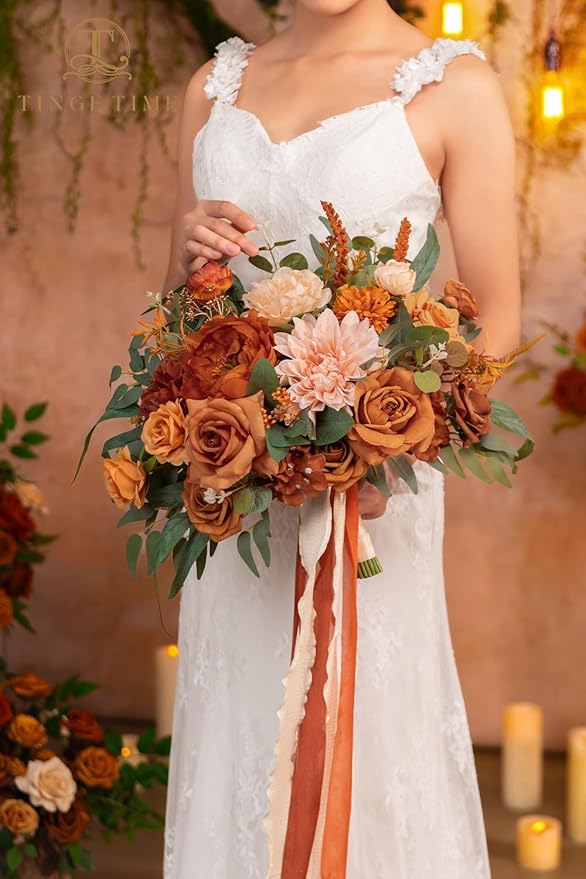 TINGE TIME 13 inch Terracotta Wedding Bouquets for Bride, Bridal Bouquet for Bride, Artificial Silk Rose for Graduation Bouquet, Fake Flowers for Fall Wedding Ceremony and Anniversary
