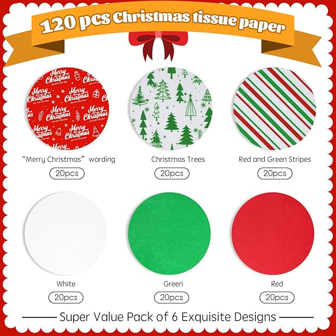 120 Sheets Christmas Tissue Paper for Gift Bags Wrapping, Assortment Holiday Tissue Paper for Gift Wrapping, Gift Decoration, Art & Craft (20 x 20 inches)