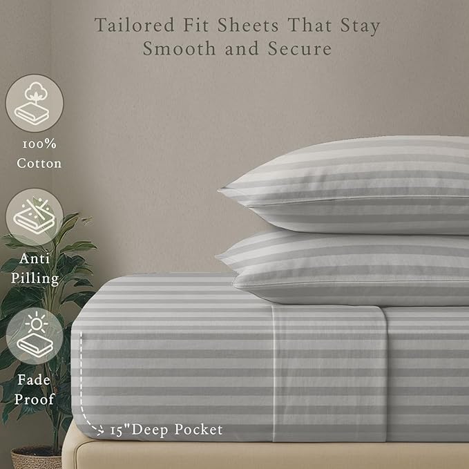 Threadmill 500 Thread Count Twin Size Damask Stripe, 3 Pc Luxury Cotton Bedding Set, Breathable Light Grey Sheets with 15" Elasticized Deep Pocket, 1 Pillowcase & Free Tote Bag