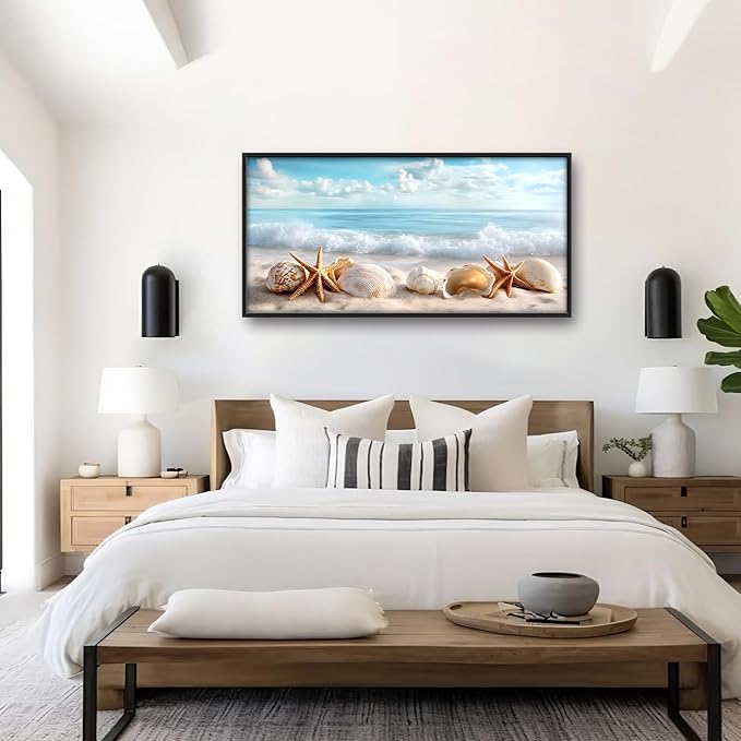 Beach Seashells Large Wall Art Framed Wall Decor for Living Room Ocean Pictures Oversized Canvas Print Painting Modern Extra Large Framed Artwork for Bedroom Office Home Decor 60"x30"