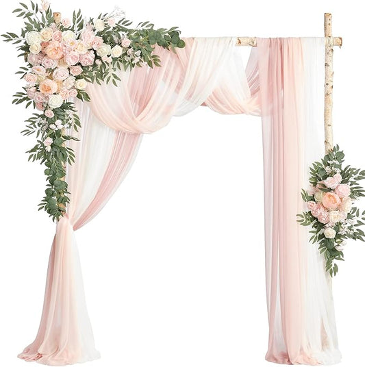 Ling's moment Deluxe Pink Artificial Wedding Arch Flowers with Drapes Kit-Pack of 5, 2pcs Flower Arrangements 3pcs Hanging Sheer Drapes Blush Ceremony Arbor Reception Backdrop Rose Floral Decorations