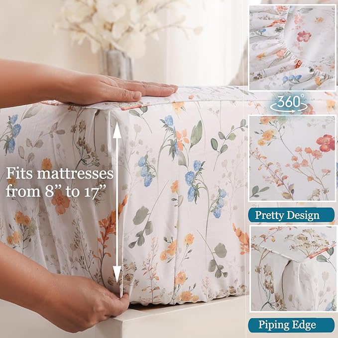 Zusbest Floral Bed Sheets King Size Percale Cotton Orange Blue Flower Sheets Set Green Botanical Printed on White Patterned Deep Pocket Fitted Sheets, Crisp Soft Breathable for Hot Sleepers, 4 Pcs