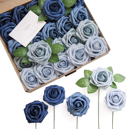 Ling's Moment Artificial Flowers, 25Pcs 3" Roses in Dusty Blue Shades, Realistic DIY Foam Floral Decor for Wedding Bouquets/Centerpieces, Outdoor Party Backdrops, Room/Table, and Garden/Pot Decoration
