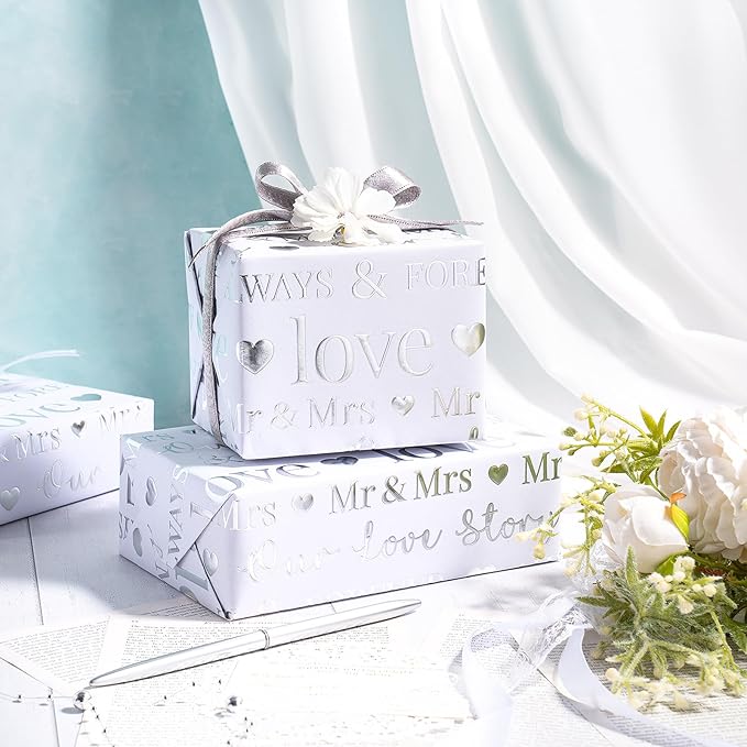 RUSPEPA 30“ x 16.4’ Wedding Wrapping Paper Large Roll, Jumbo Roll, White Gift Paper with Love & Mr & Mrs Design, Romantic Gift Wrap for Wedding, Bridal Shower, Anniversary, Engagement 41 total sq ft.