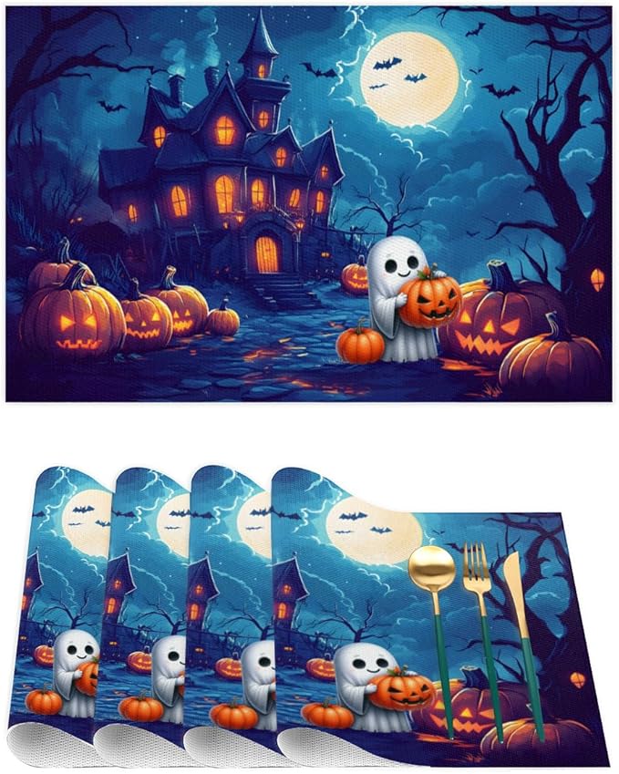 Halloween Cute Ghosts Pumpkin Placemats Set of 4 PVC Vinyl Non Slip Table Mats Heat Resistant Place Mats Washable Wipeable Dining Table Mat for Kitchen Decor Party Indoor Outdoor Decorative Gift
